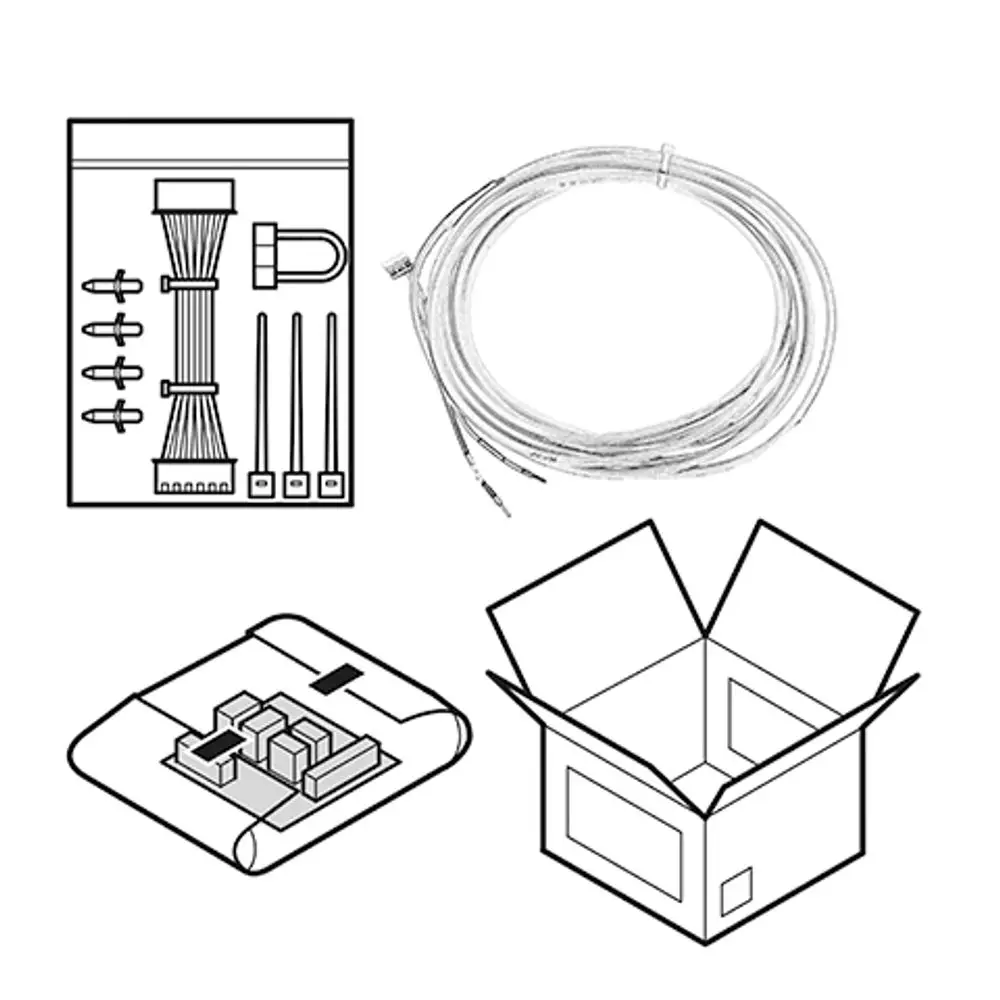 Daikin Kommunikationskomponenten in einer Verpackung, einschließlich Kabel, Befestigungselementen und einer offenen Schachtel für die Installation.